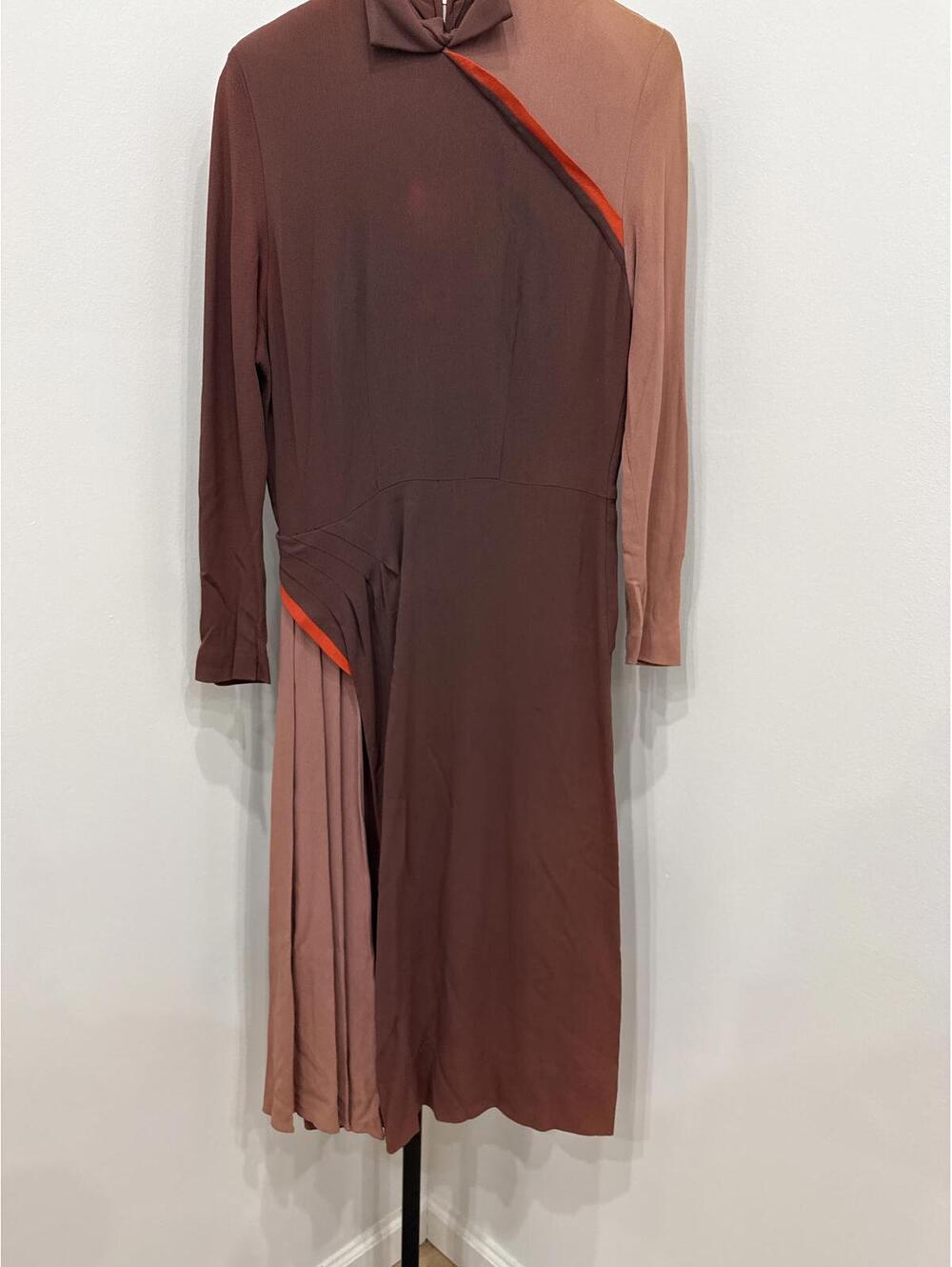40s Long Sleeve Colorblock Midi Dress with Pleated Detail